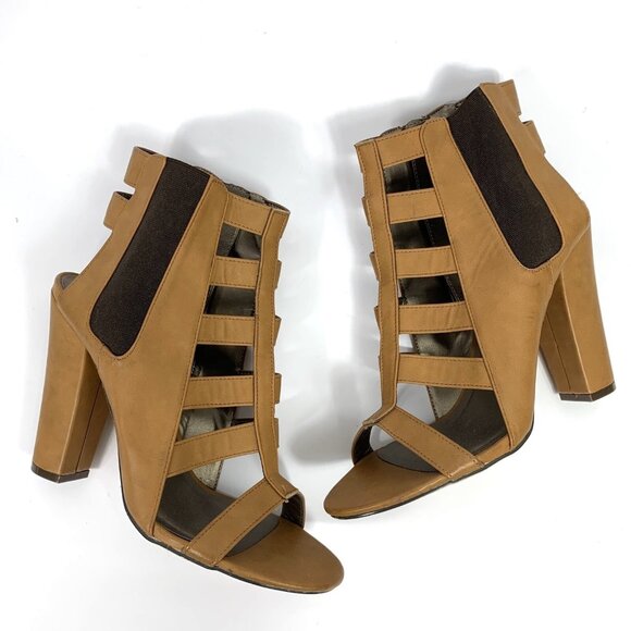 Michael Antonio 10 Sandals Brown Black Open Toe 4.5" Block Heel Cut Outs Heels - Picture 1 of 7